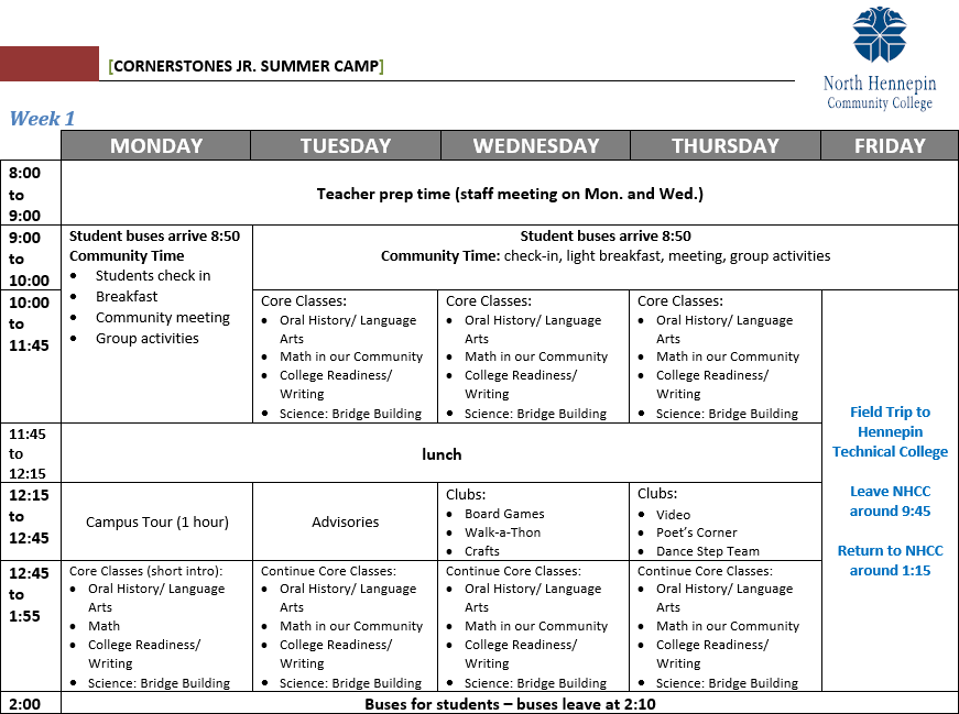 Cornerstones Junior Summer Program week 1 schedule